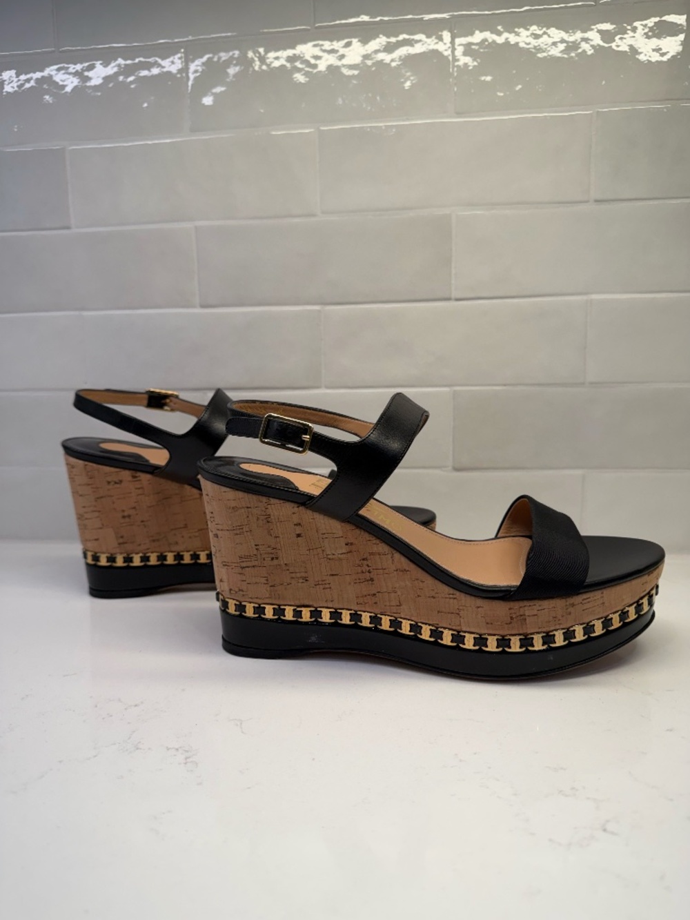Salvatore Ferragamo Black Wedges with Chain Link Accent Size 9